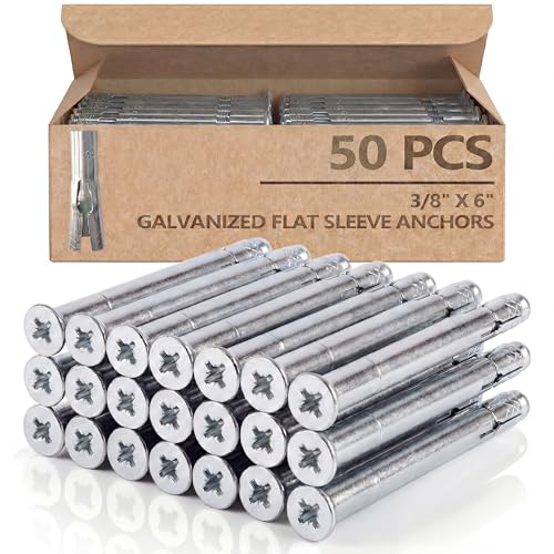 Mindoub 50 Pack 3/8" x 6" Flat Head Sleeve Anchors, Industrial Grade Zinc Plated Expansion Bolts for Large Masonry Projects, Flush Finish Concrete Anchor Bolt Kit