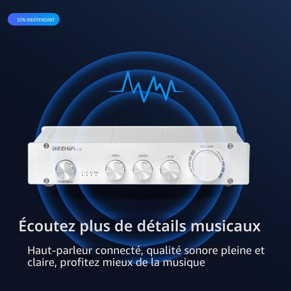 L1B Préamplificateur Pure Classe A HiFi Audio Domestique 2.1 canaux Contrôle indépendant des Hautes et Basses fréquences Bluetooth 5.0 Décodage indépendant PCM5102 Préamp（Argent）