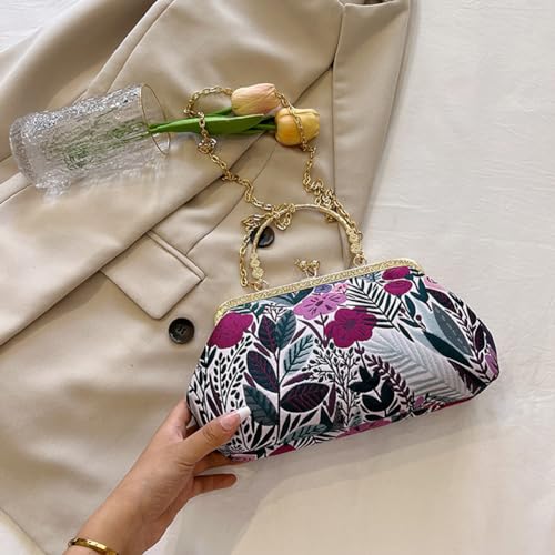 Image of Women Vintage Flower Embroidery Handbag Evening Purse Crossbody Shoulder Bag with Chain Strap