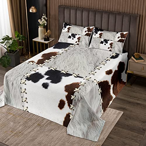 jejeloiu Kids Cow Fur Printed Bedspread Cowhide Pattern Coverlet Set Farmhouse Quilted Coverlet Western Farm Animal Skin Plaid White Quilted Bedroom 3Pcs with 2 Pillow Case King Size