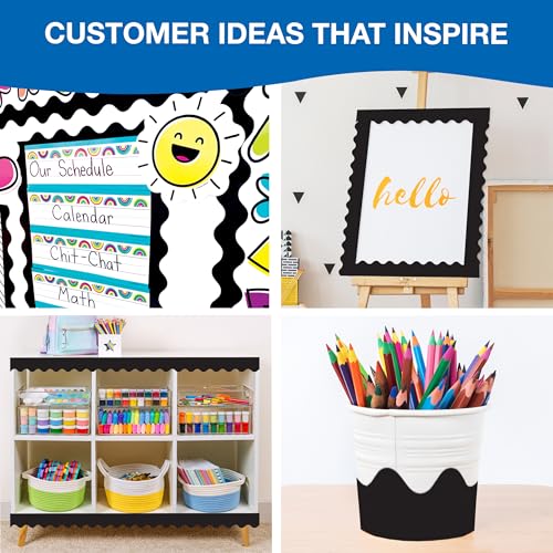 Carson Dellosa 65Ft of Black Bulletin Board Borders, 1 Roll of Scalloped Trim for Rolling Whiteboard, Cork and Posterboard, Party, Office Decorations, and Classroom Decor