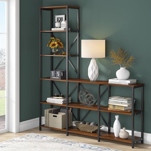 Image of Tribesigns Modern 9 Shelves Bookshelves, Industrial Stepped Ladder Corner Etagere Bookcase, Rustic 6-Tier Display Open Shelf Storage Organizer for Living Room