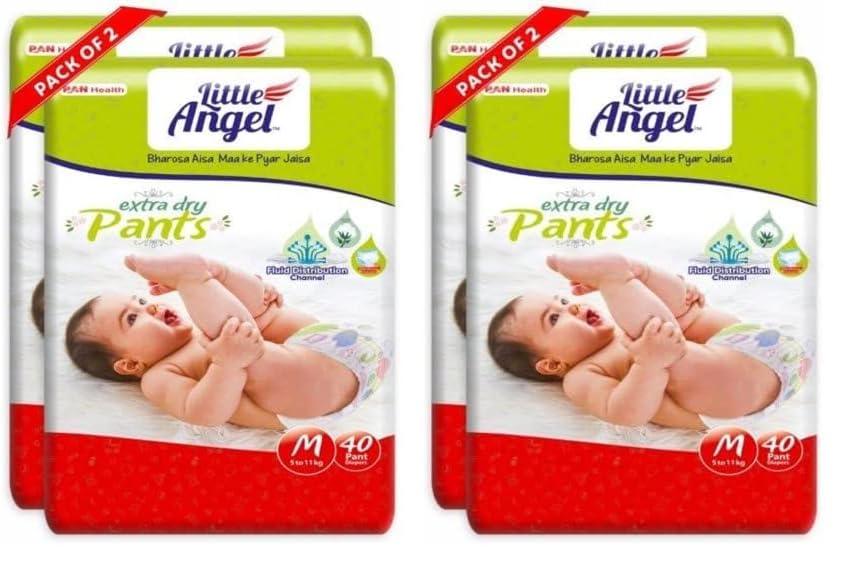 Image of Little Angel Extra Dry Baby Pants Diaper, Medium (M) Size, 80 Count, Super Absorbent Core Up to 12 Hrs. Protection, Soft Elastic Waist Grip & Wetness Indicator, Pack of 4, 40 count /pack, Upto 5-11kg