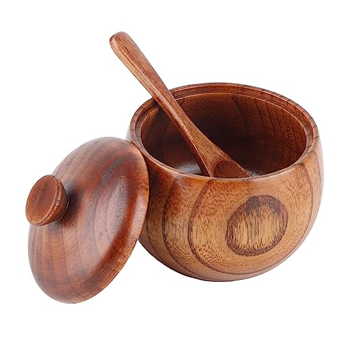 Jwthee Sugar Container, Wood Salt Box Solid Wood Spice Jar Sugar Bowl Round Spice Jar Salt Pepper Seasoning Box with Spoon and Lid for Kitchen