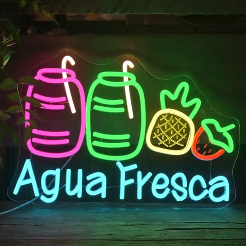 Image of Agua Fresca Neon Signs for Wall Decor Dimmable Colorful LED Light with Fruits and Straw USB Powered Fun Signs for Latin Restaurants Store Food Stalls Cafes Bars Kitchens