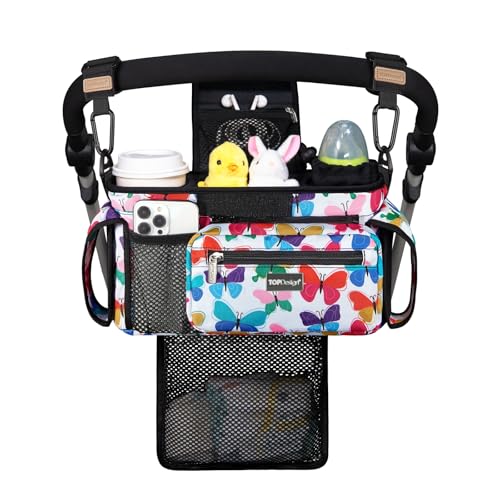 Image of TOPDesign Universal Baby Stroller Organizer, Stroller Caddy with Detachable Mesh Bag & Heightened Insulated Cup Holders & Non-Slip Secure Hooks Accessories, Fits Most Strollers (Colorful Butterfly)