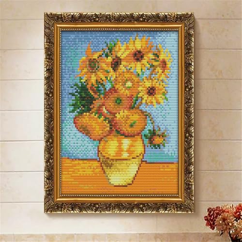 Image of JOYSEWING Van Gogh's Sunflower Printed Pattern Stamped Cross Stitch for Adult Counted Embroidery Kits for Beginners Handmade kit DIY Home Decor(Van Gogh's Sunflower Painting(11CT) 9.45 x12.60 inch)