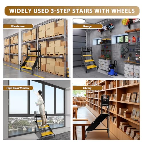 Image of biosp 3-Step Mobile Heavy Duty Ladder with Wheels, Long Handrails, 440lbs Rolling Non-Slip Stairs, Step Stool with Fence, Steel Stepladder for Garage, Factory, Warehouse, 21.7 inch Top Step Height