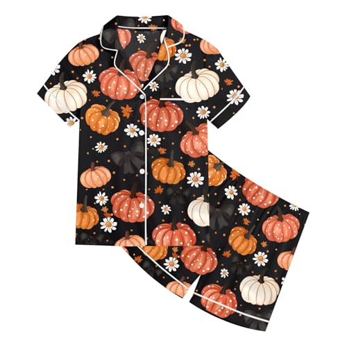Girls 𝙋𝙖𝙟𝙖𝙢𝙖s Set Silk Satin Halloween Pumpkin Ghost Print Button Down Shirts and Shorts 2 Piece Fall Clothes3