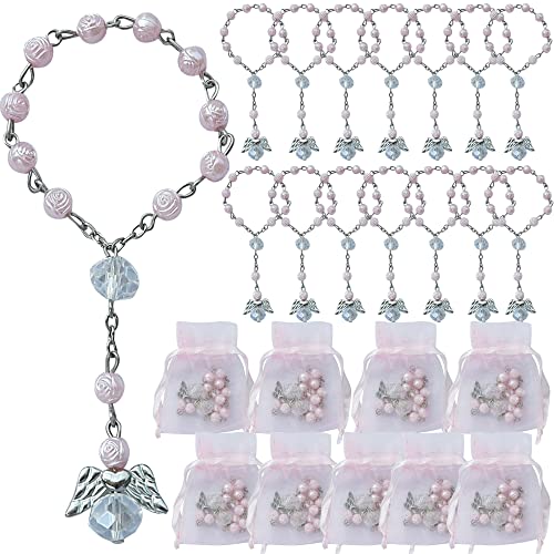 WE 24 Pcs Pink Mini Rosary baptism First Communion Favors with Angels for Girl Recuerdos de Bautizo Finger Rosaries Silver Plated