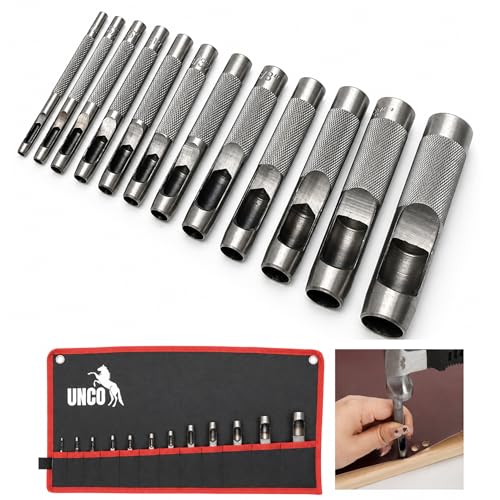 UNCO- Hollow Leather Hole Punch Set 1/8- 3/4 12 pcs Silver Carbon Steel Leather Hole Punch Tool with Storage Bag