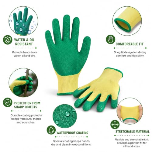 Image of Gardening Gloves - Heavy-Duty Green Rubber Coated Glove for Planting, Weeding, and Outdoor Garden Work | Waterproof, Non-Slip Grip, Durable Hand Protection (GTK)