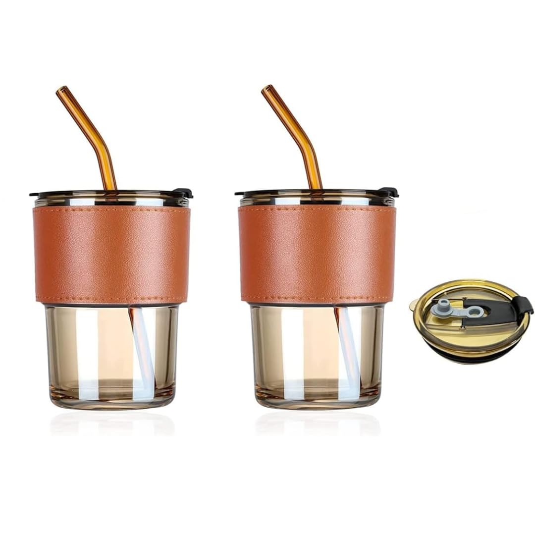 Dakshayanii Glass Tumbler with Lid, Straw and Protective Anti-Slip Leather Sleeve for Hot and Cold Beverages Tea Coffee Travel Mug Smoothies, Juice - 435ml, (Set of 4) 1