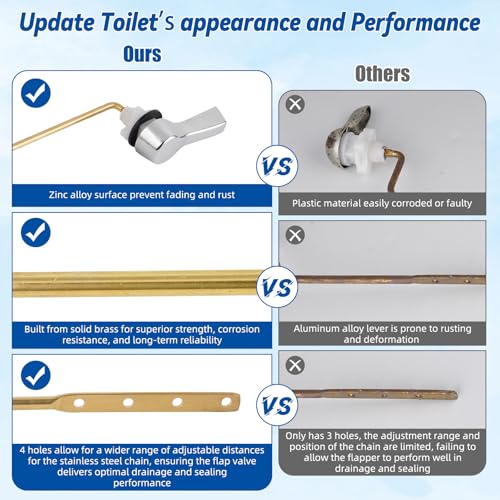 Image of Hibbent Universal Metal Front Mount Flush Toilet Handle Kit, Chrome | Solid Brass Toilet Flush Tank Lever with Stainless Steel Adjustable Flapper Chains, Side Tank Toilet Handle for Most Toilets