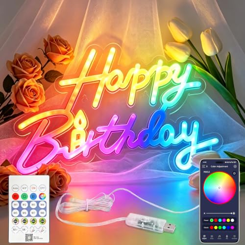 Happy Birthday RGB+IC Neon Sign with APP & Remote, Colorful LED Light Up Sign with Timer/Running/Marquee/Music Mode, USB Wall Party Backdrop Dreamy Changing color Decoration, Compatible with Smart Control,Any Ages Celebration by XINGZHI - Used condition - US$24.09