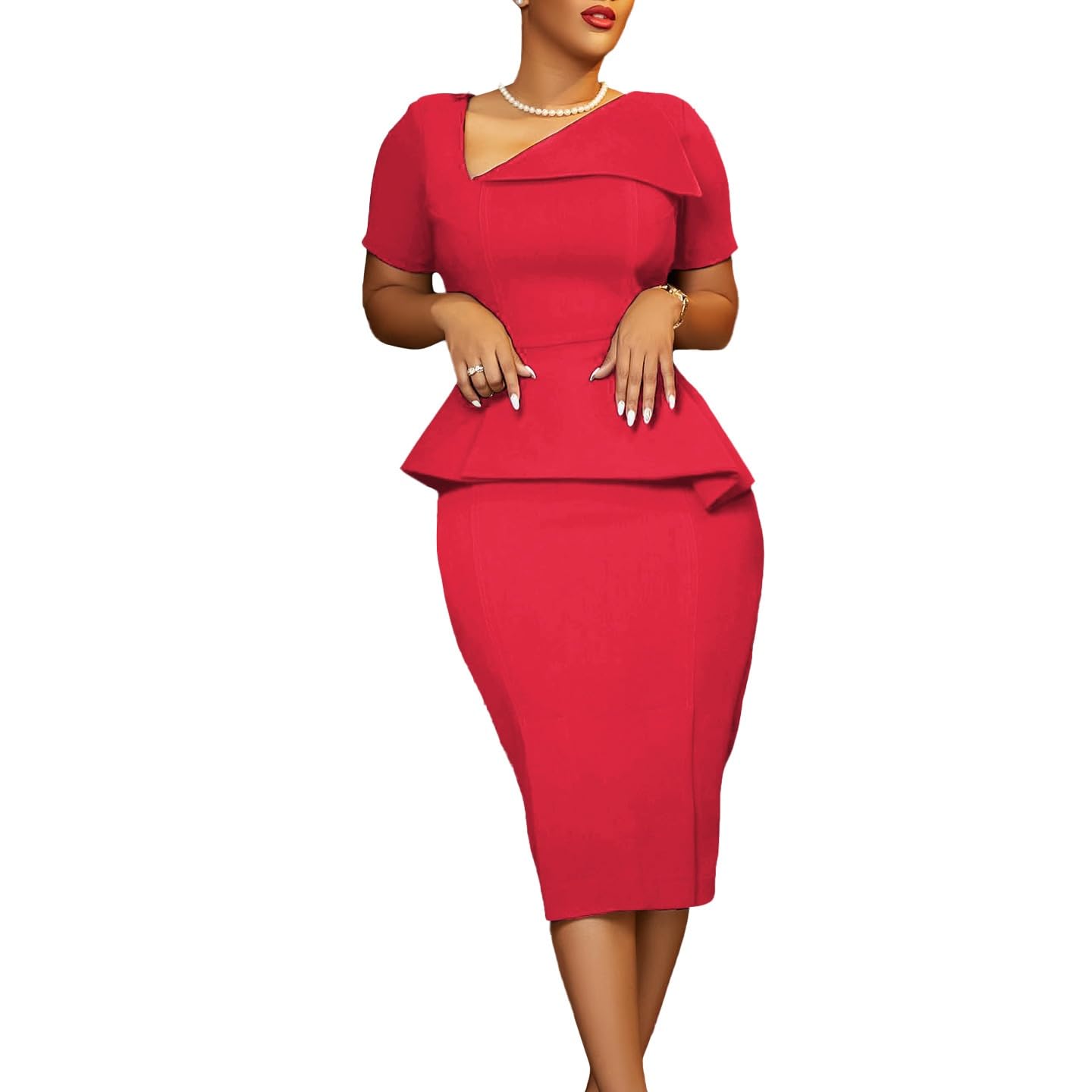 2025 Womens Elegant Work Business Pencil Dress Fashion Slant Neck Short Sleeves Ruffles Bodycon Midi Church Dress