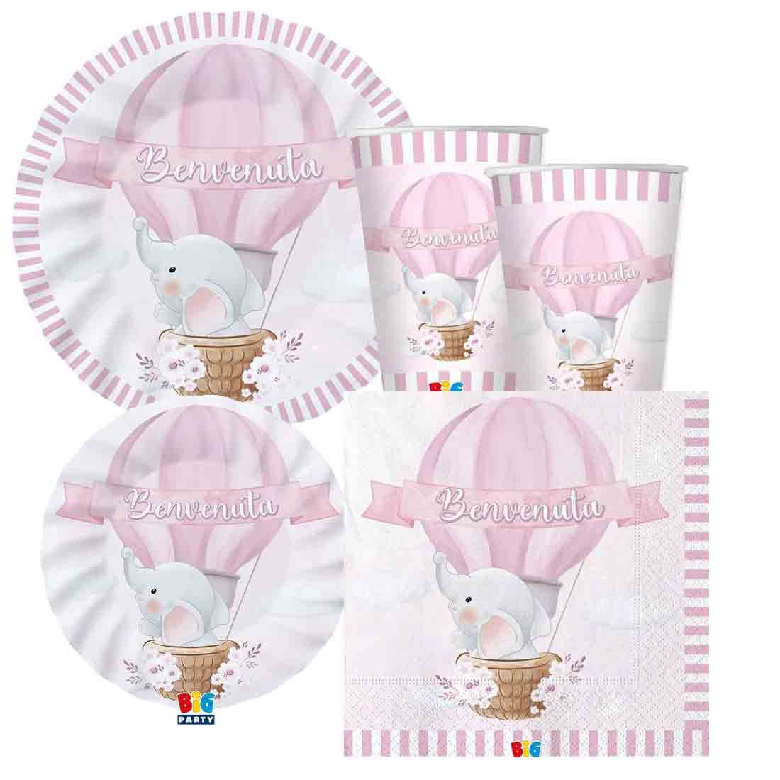 irpot kit n.47 per 8 persone benvenuta elefantino in mongolfiera coordinato nascita bambina decorazioni piatti carta bicchieri tovaglioli elefante