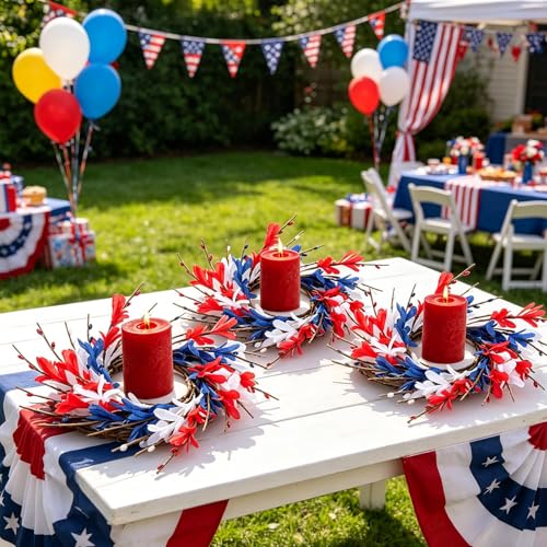 Image of 4 PCS Patriotic American Candle Rings Wreaths 4th of July Red White and Blue Floral Candle Rings Holder with Forsythia Flowers Mini Independence Day Wreath for Party Home Table Centerpiece Decor