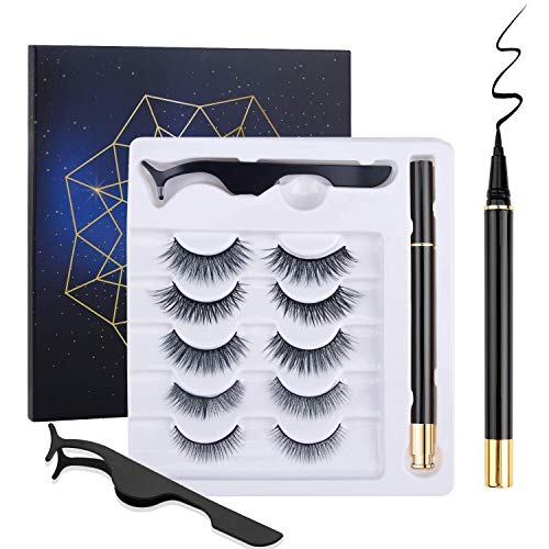 Magnetic Eyeliner and Eyelashes Kit Self Adhesive Eyeliner Pen - 3D Natural Look Eyelash Without Magnet - Reusable Eye Lash with Waterproof Liner, Black, Applicator(5 Sets Lashes + 1 Pen Liners)