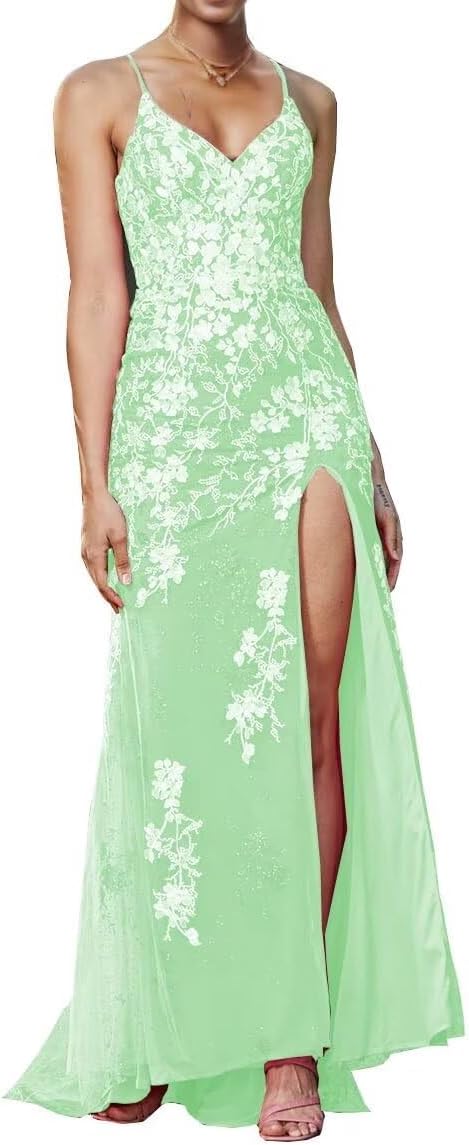 Long Spaghetti Straps Tulle Mermiad Prom Dress V Neck Lace Appliques Formal Dress with Slit SF203