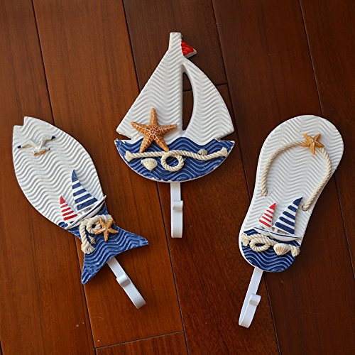 Aligle Tm Large Art Hook Wooden Nautical Coat Hat Clothes Towel Wall Hooks Hangers Hanging Decoration Wall Mounted Key Hook Metal Home Decor 3Pcs Mediterranean Style Slippers Sailing Fish Utility Hook #TOP6