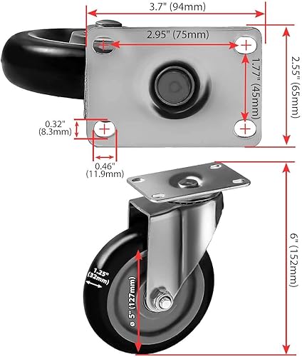 Miniatura 2 de Paquete de 8 placas giratorias combinadas de 5 pulgadas, 4 con freno y 4 placas resistentes en ruedas de poliuretano negras con tornillos resistentes