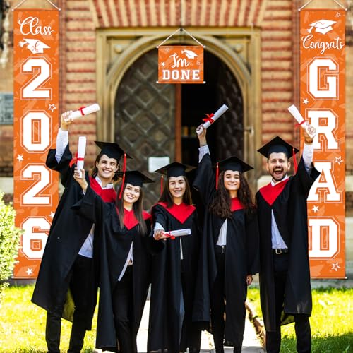 Image of Moukeren 3 Pieces 2026 Graduation Party Decorations Graduation Porch Sign Class of 2026 Grad Hanging Porch Banner Backdrop Door Sign for Grad Party Home Door Wall Decor(Orange)