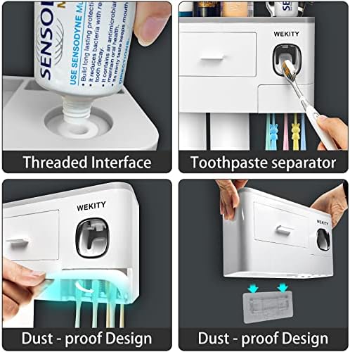 WEKITY Toothbrush Holder Wall Mounted, Bathroom Toothbrush Holder Set Automatic Toothpaste Dispenser Kit with Cups, Toothbrush Slots and Drawers Cosmetic Organizer