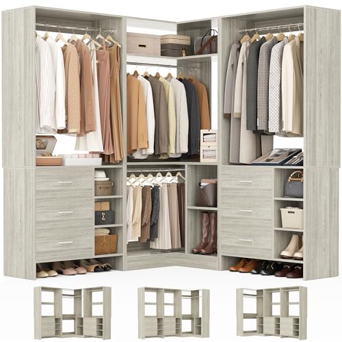 Aheaplus Closet System with 6 Drawers, 4 Hanging Rods & Corner Tower, Corner Closet System with Hanging,92.6