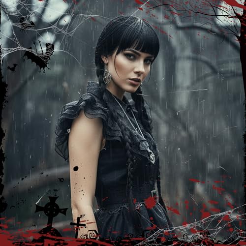 Image of S-noilite Wednesday Addams Braided Black Wig Set, Long Braids Wigs with Bangs for Women Gothic Costume Cosplay Party Halloween w. Earrings and Necklace+Wig Cap