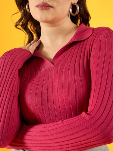 Image of 98 Degree North Women Cotton Self Design Collar Neck Pullover Has A Full Sleeves and Straight Hem-RG1165-FLUORESCENT