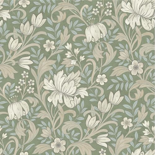SOPHIE LAURENCE Sage Green Floral Wallpaper Light Blue Leafs Beige Flowers Smooth Matte Thick Wallpaper for Feature Wall Living Room Bedroom (Sample)