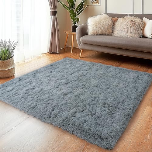 Grey Rugs for Bedroom 3x5 ft - Ultra Soft Faux Fur Area Rug - Plush Non-Slip Shaggy Carpet for Living Room, Cozy Fluffy Rug for Kids Boys Girls Dorm Nursery Room, High Pile Floor Carpet