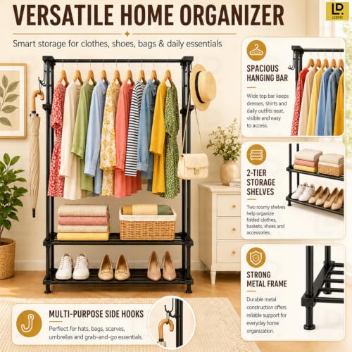 Image of LEOPAX Metal Clothes Rack with 2 Storage Shelves & 10 Hooks, Freestanding Cloth Stand, Garment Rack and Coat Hanger for Bedroom, Living Room & Entryway, Heavy Duty Clothing Organizer, Black