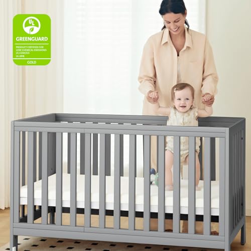 Image of MAMAZING EvoNest 11-in-1 Convertible Baby Crib with Wheels | Full Size Crib & Growing Bed, GREENGUARD Gold Certified, New Zealand Pine Wood, 4 Adjustable Heights, Rocking Mode, Grey