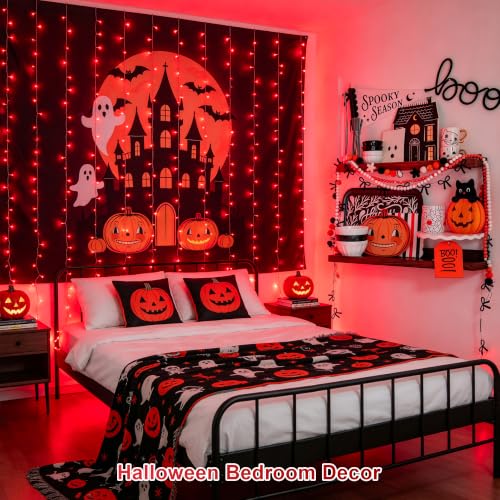 Image of JMEXSUSS 300LED Red Curtain Lights for Halloween Christmas Decor, 9.8x9.8ft | Plug in, with Remote, Twinkle Hanging String Lights for Bedroom Window Valentine's Day Wedding Proposal Party Holiday Decor