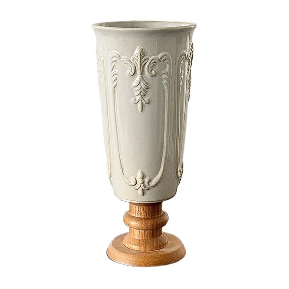 flower vase Vintage Relief Ceramic Vase Wooden Base Home Decor Ornament Living Room Entryway Hydroponic Vessel