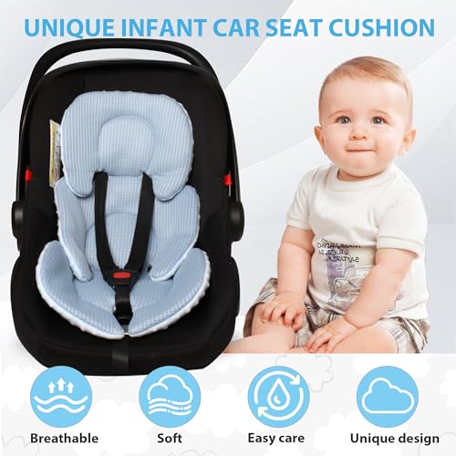Image of 2-in-1 Reversible Infant Car Seat Insert, 3D Air Mesh Carseat Head Support for Newborn, Breathable Minky Baby Car Seat Cushion for Carseats, Stroller, Swing, Bouncer (Blue)