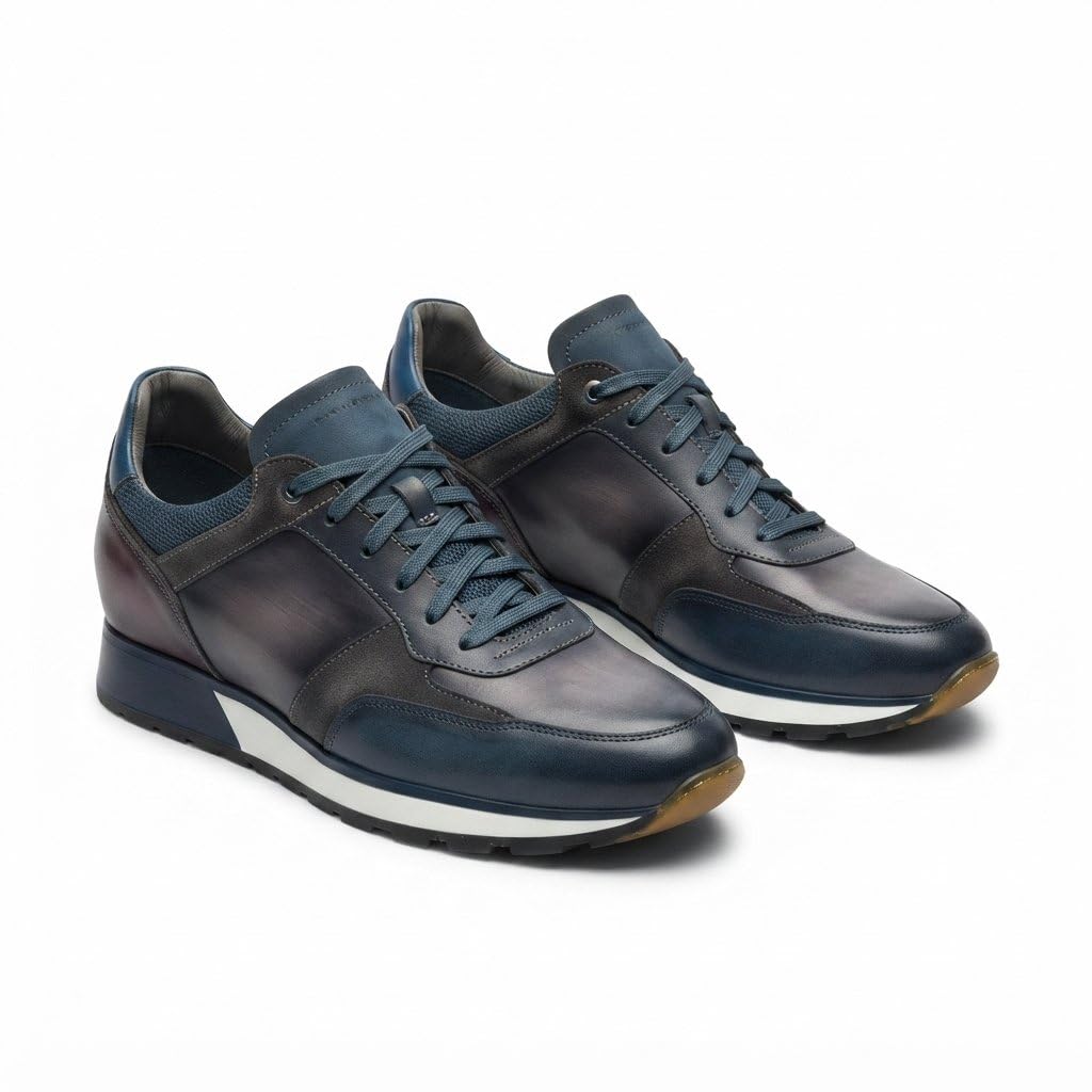 costoso italiano Nausori Men's Height Increasing Leather & Suede Lace-Up Sneaker, Blue/Grey Low-Top-picture-10