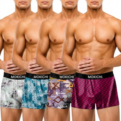 Image of Men's Printed Boxer Briefs | Soft Stretch Comfortable Trunks with Elastic Waistband | Breathable Everyday Innerwear for Men | Assorted Multicolor Prints | Pack of 4