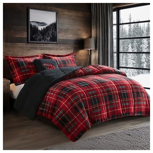 Woolrich Reversible Comforter Set Ultra Soft Plush to Sherpa, Down Alternative, Cold Weather Winter Warm Bedding, with Matching Sham, Decorative Pillow Red Plaid King 4 Piece