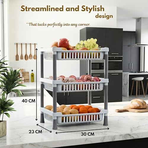 Image of MATIC HOUSEWARE 3-Layer Multipurpose Rack Stand | Durable Plastic Storage Organizer for Vegetables, Fruits, Pantry Items & Home Essentials | Space-Saving Free-Standing Shelf for Home & Kichen (Grey)