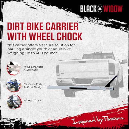 Image of Black Widow Motorcycle Hitch Carrier with Wheel Chock & Ramp, 400 lb Capacity Anti-Rattle - Lightweight Aluminum Dirt Bike Transport Platform with Secure Mounting - Fits 2 inch Receiver