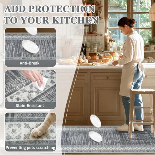 Kitchen Rugs Sets of 2-Non Slip Kitchen Mats for Floor-Thick Stain Resistant Kitchen Floor Mat Runner Carpet for Hallways Entryway Laundry Room Washable(Grey 50x80cm+50x120cm) - Image 6