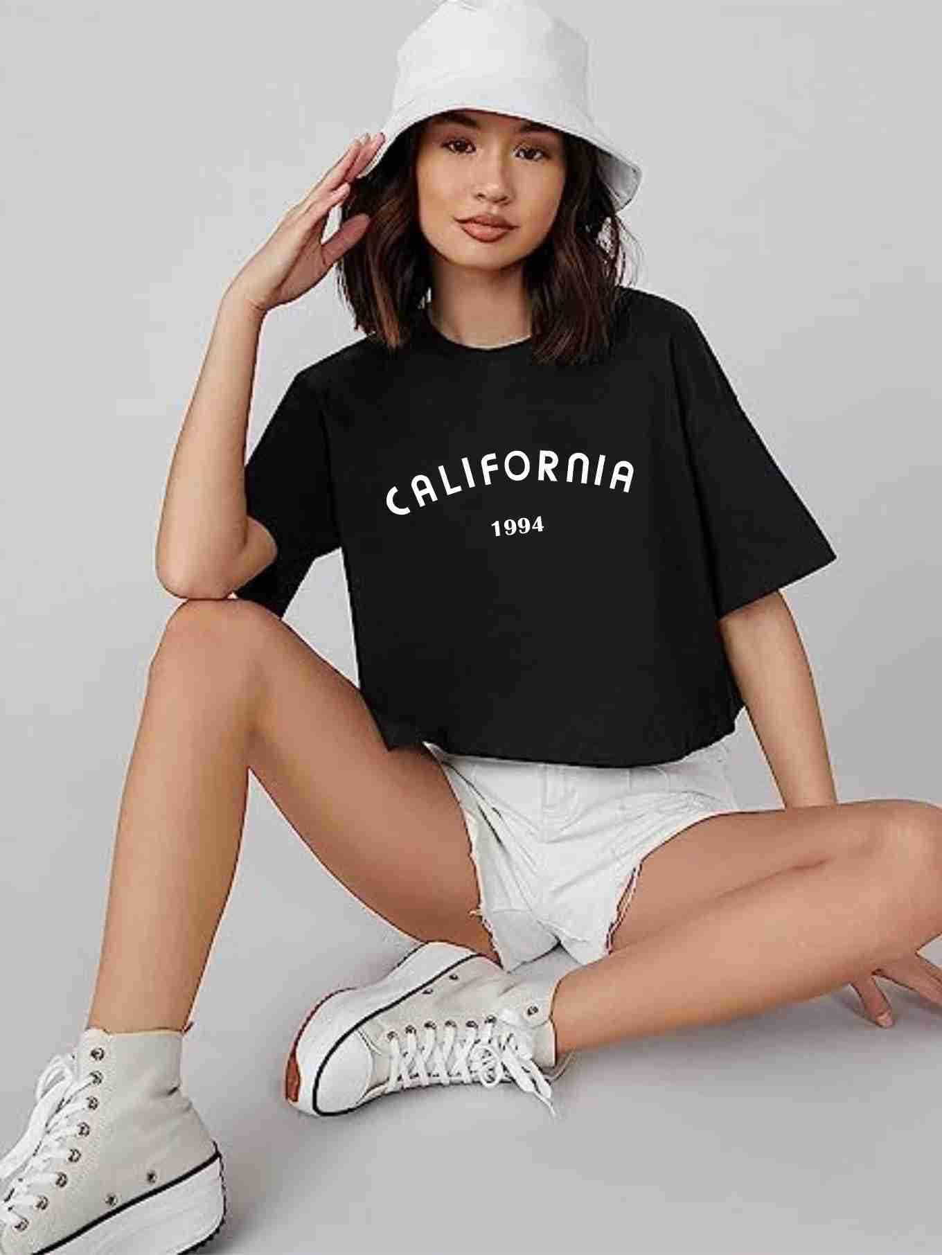 Princess Eva Women Usa State Oversized Crop Top Ctus-1 (Medium, Cali-B), Black 1