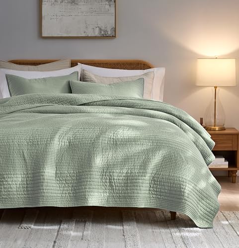 Image of palassio Striped Sage Green 100% Cotton Quilt King Size Bedding Sets, Lightweight Crinkly Channel Pick Stitch Textured Bedspread Soft Shabby Chic Farmhouse Country Coverlet for All Season, 2 Shams