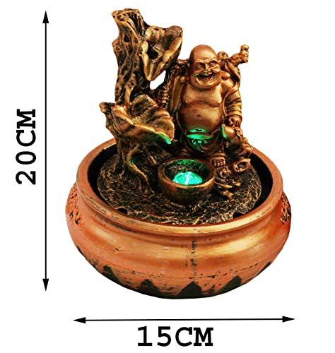 Image of GTC Beautiful Laughing Buddha Water Fountain Show Piece for Home Decorative Diwali Gifts for Drawing Room Living Room Waterfall Decorative Item with Led Light and Mini Water Pump (9605, Multicolor)