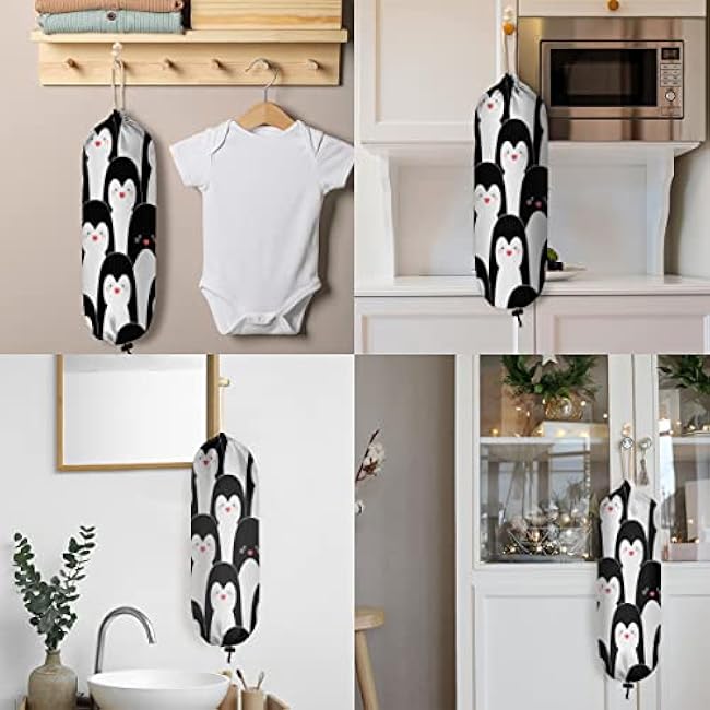 Funny Penguin Plastic Bag Holder Grocery Bag Holder Large Wall Mount Garbage Plastic Bag Organizer Drawstring Adjustment for Kitchen, 22x9 in