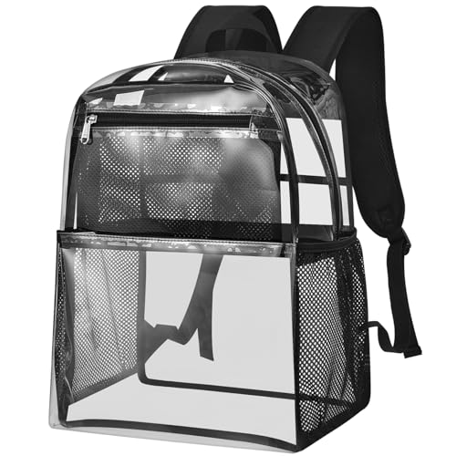 Image of Paxiland Clear Backpack Heavy Duty, Large Clear Bookbag with Reinforced Padded Strap, Clear Backpacks for School College and Work, Black-Large