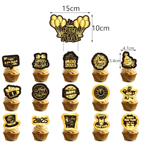 2025 New Years Eve Decorations Kits Happy New Year Party Supplies Contains Happy New Year Banner, New Year Balloons, Cake Topper and Cupcake Toppers, Gold Black Hanging Swirls for New Year Party Decor